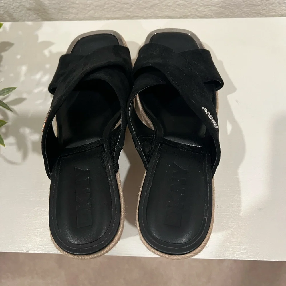 DKNY Black Suede Crisscross Espadrille Wedge Sandals